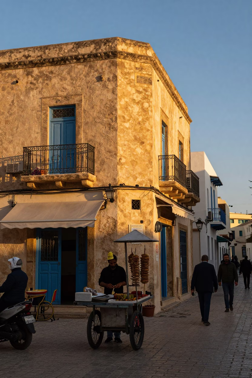 Honeyed Evening Light on Tunis Street with Kebab and Ayran in Tunisia in in Tunis, Tunisia