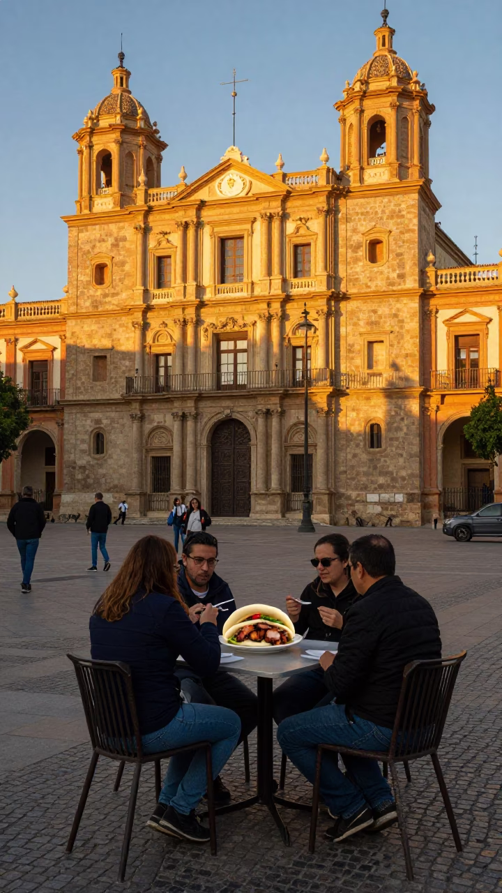 Honeyed Evening Light on Valencia Plaza with Patrons Enjoying Gua Bao and Street Life in in Valencia, Spain