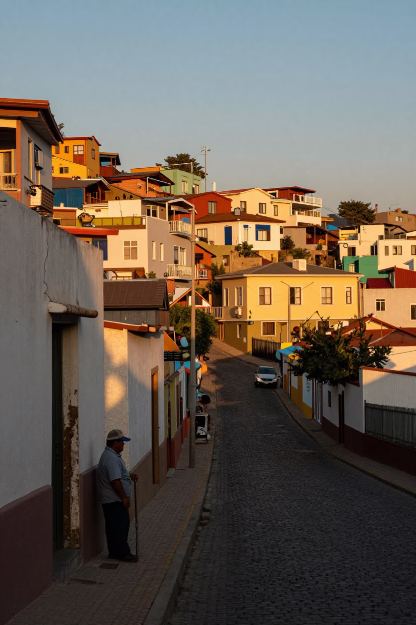 Honeyed Evening Light on Valparaiso Chile Street with Trivet and Local Details in in Valparaiso, Chile
