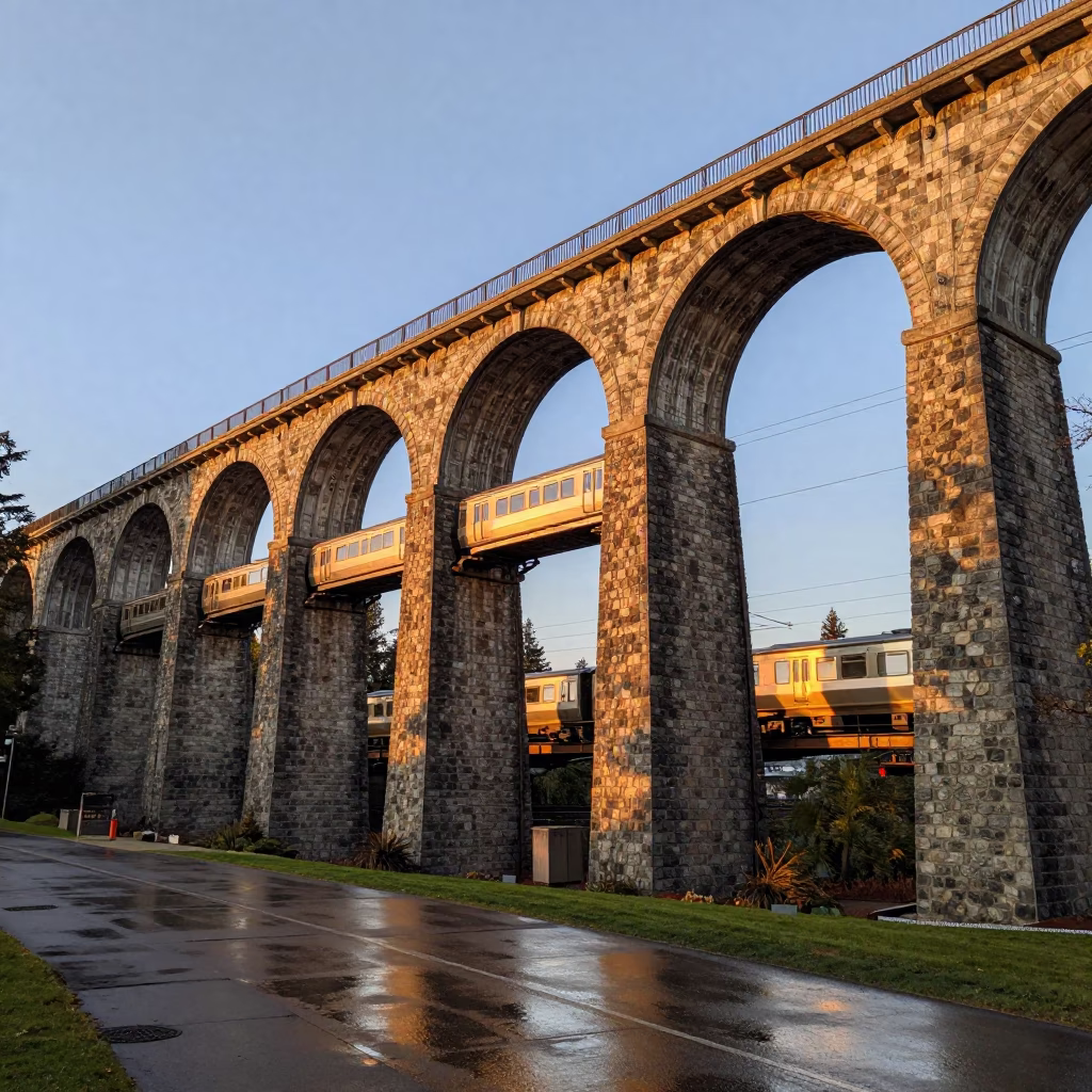 Honeyed Evening Light on Vancouver Railway Viaduct with Passing Train and Condensation in in Vancouver, British Columbia, Canada