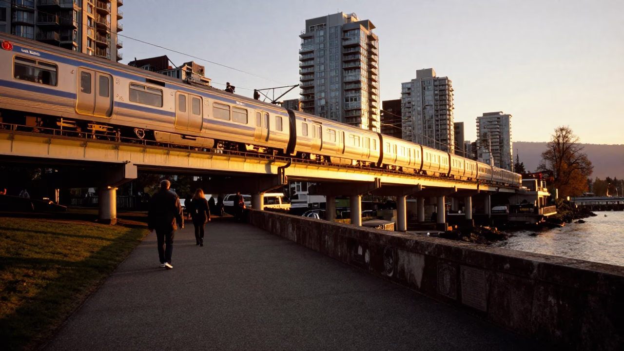 Honeyed Evening Light on Vancouver Seawall Path with Commuter Train and Houseplant in in Vancouver, British Columbia, Canada
