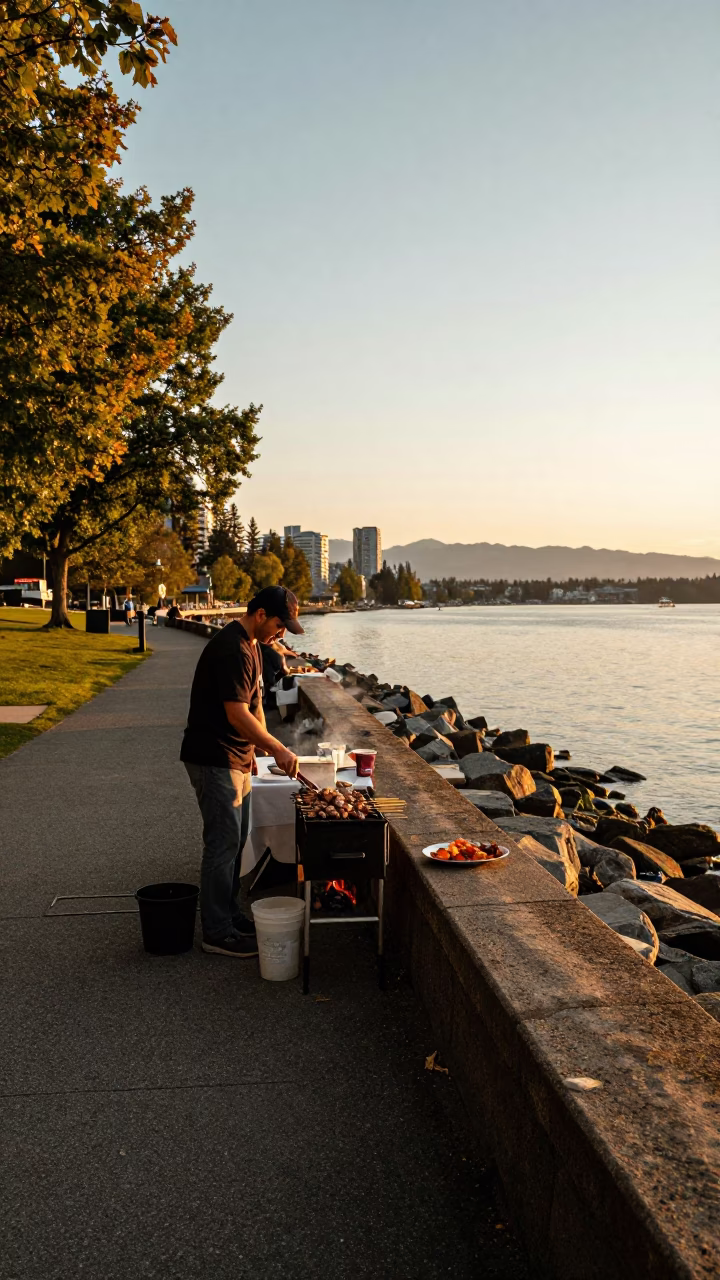 Honeyed Evening Light on Vancouver Seawall with Kebab Grill and Bar Stools in in Vancouver, British Columbia, Canada