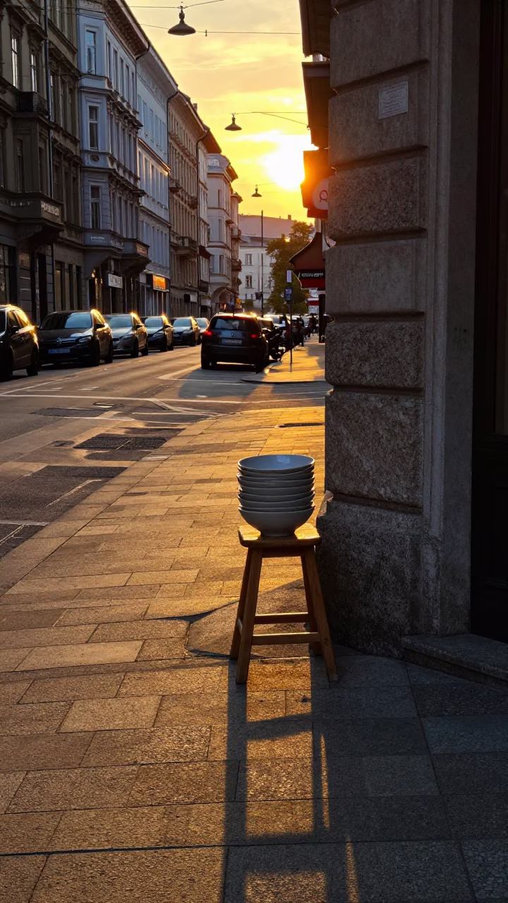Honeyed Evening Light on Vienna Street Corner with Work Stool and Serving Bowls in in Vienna, Austria