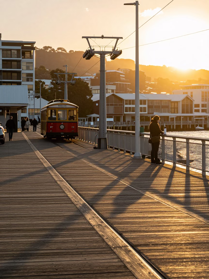 Honeyed Evening Light on Wellington Quay with Thermos and Local Street Scene in in Wellington, New Zealand