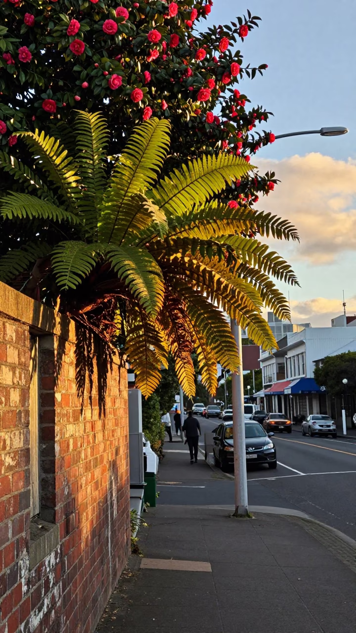 Honeyed Evening Light on Wellington Street with Camellia and Rust in in Wellington, New Zealand