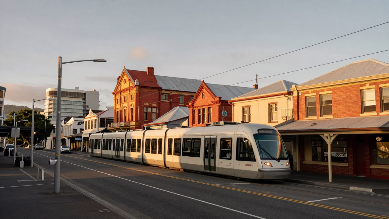 Honeyed Evening Light on Wellington Street with Monorail and Local Life in in Wellington, New Zealand
