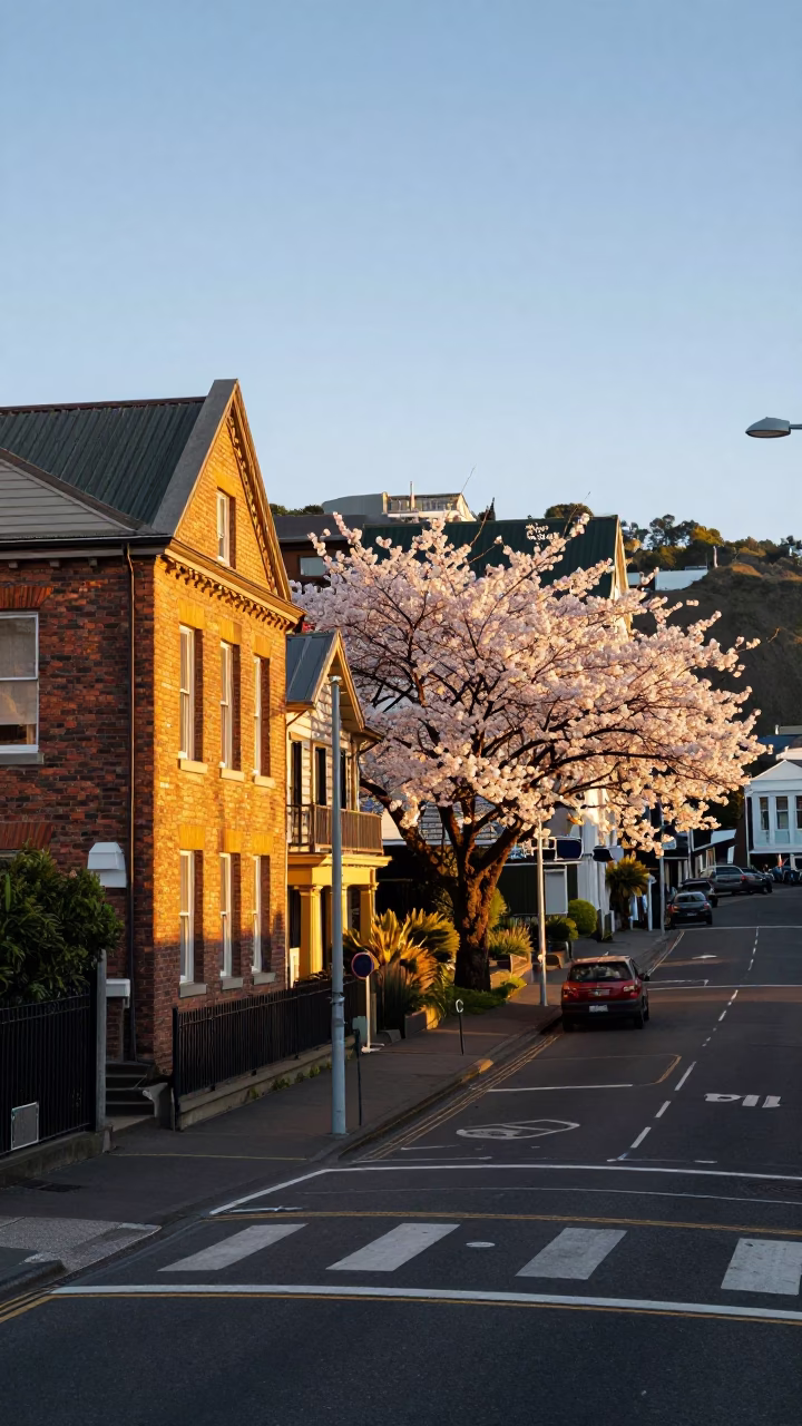 Honeyed Evening Light on Wellington Streets with Cherry Blossoms and Local Pedestrians in in Wellington, New Zealand
