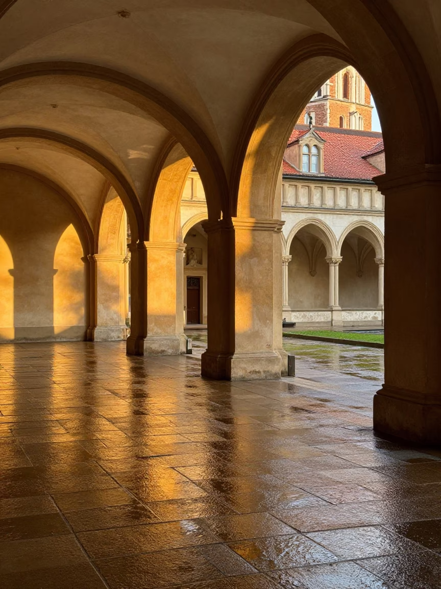 Honeyed Evening Light on Wet Flagstones in Krakow University Cloister with Espresso Cup in in Krakow, Poland