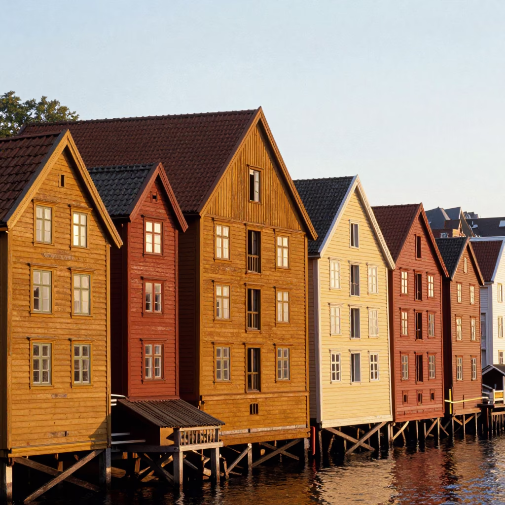 Honeyed Evening Light on Wharf Houses in Bergen in in Bergen, Norway