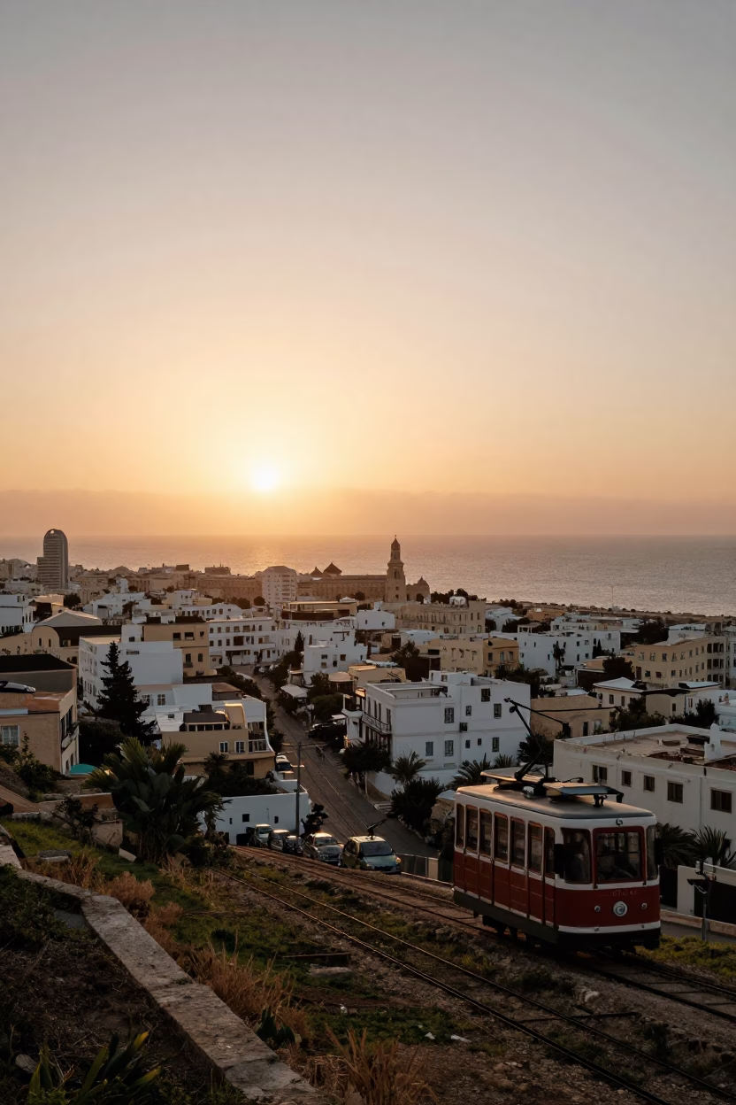 Honeyed Evening Light Over Alexandria Egypt Coastline with Funicular and Street Life in in Alexandria, Egypt