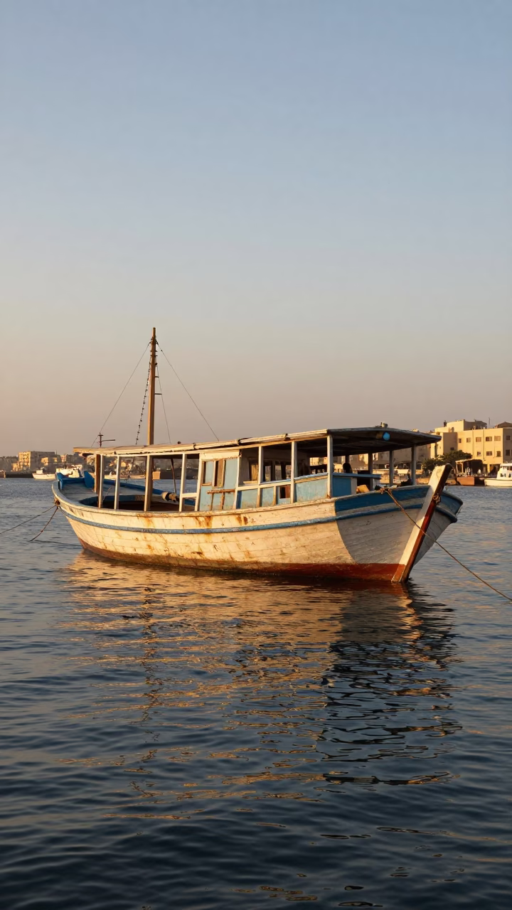 Honeyed Evening Light Over Alexandria Harbor Junk Boat and Coastal Life in in Alexandria, Egypt