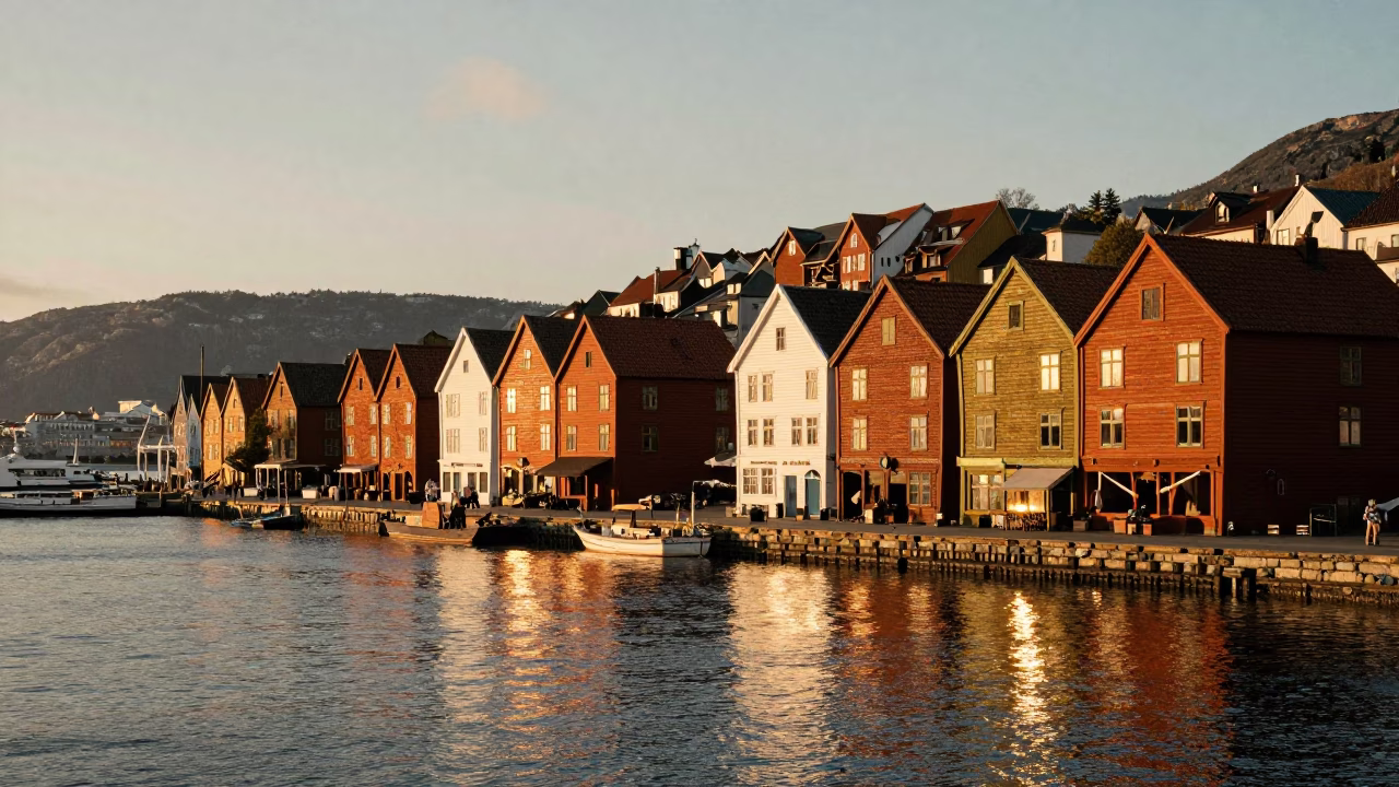 Honeyed Evening Light Over Bergen Norway Harbor and Bryggen Wharf in in Bergen, Norway