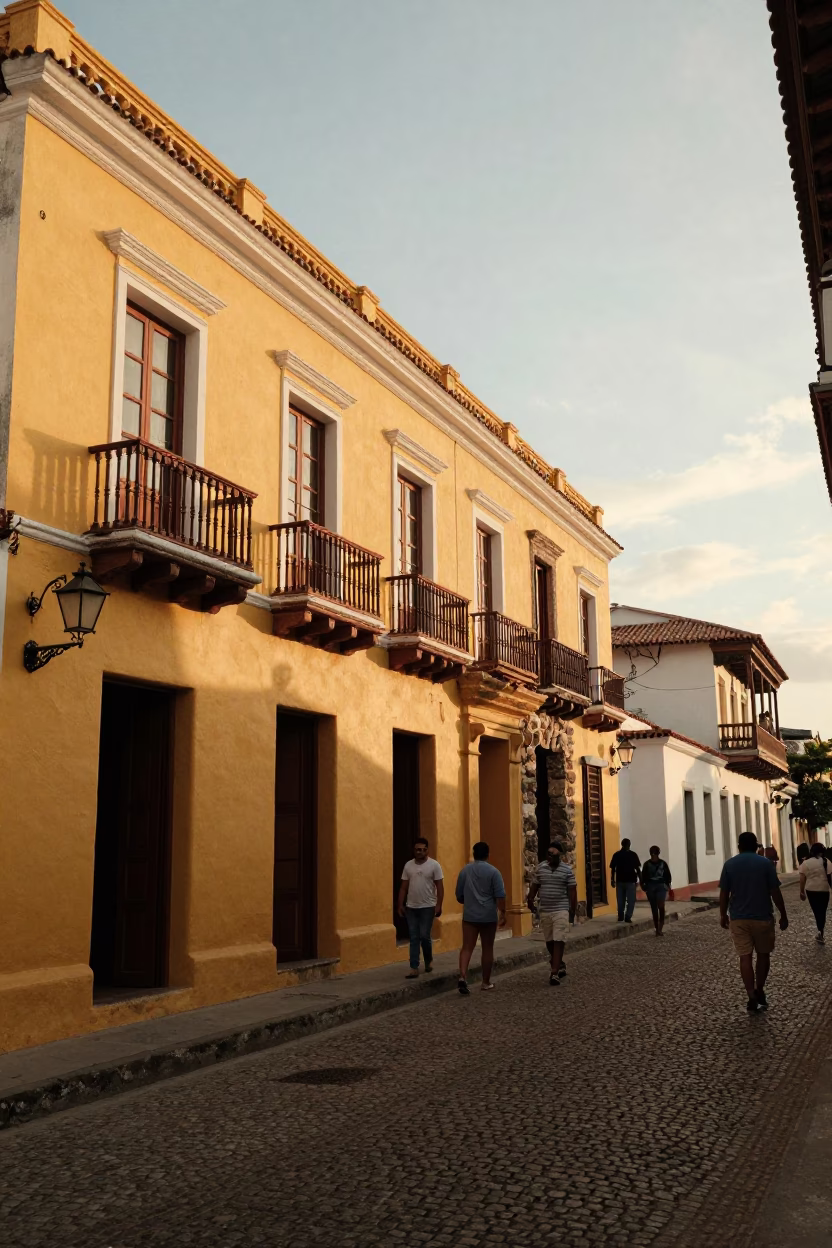 Honeyed Evening Light Over Cartagena Colombia Street Scene with Local Market Activity in in Cartagena, Colombia
