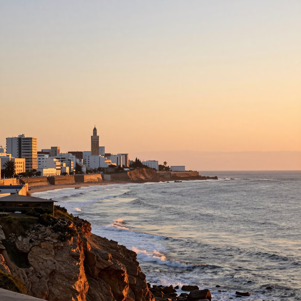Honeyed Evening Light Over Casablanca Morocco Coastline and Urban Horizon in in Casablanca, Morocco