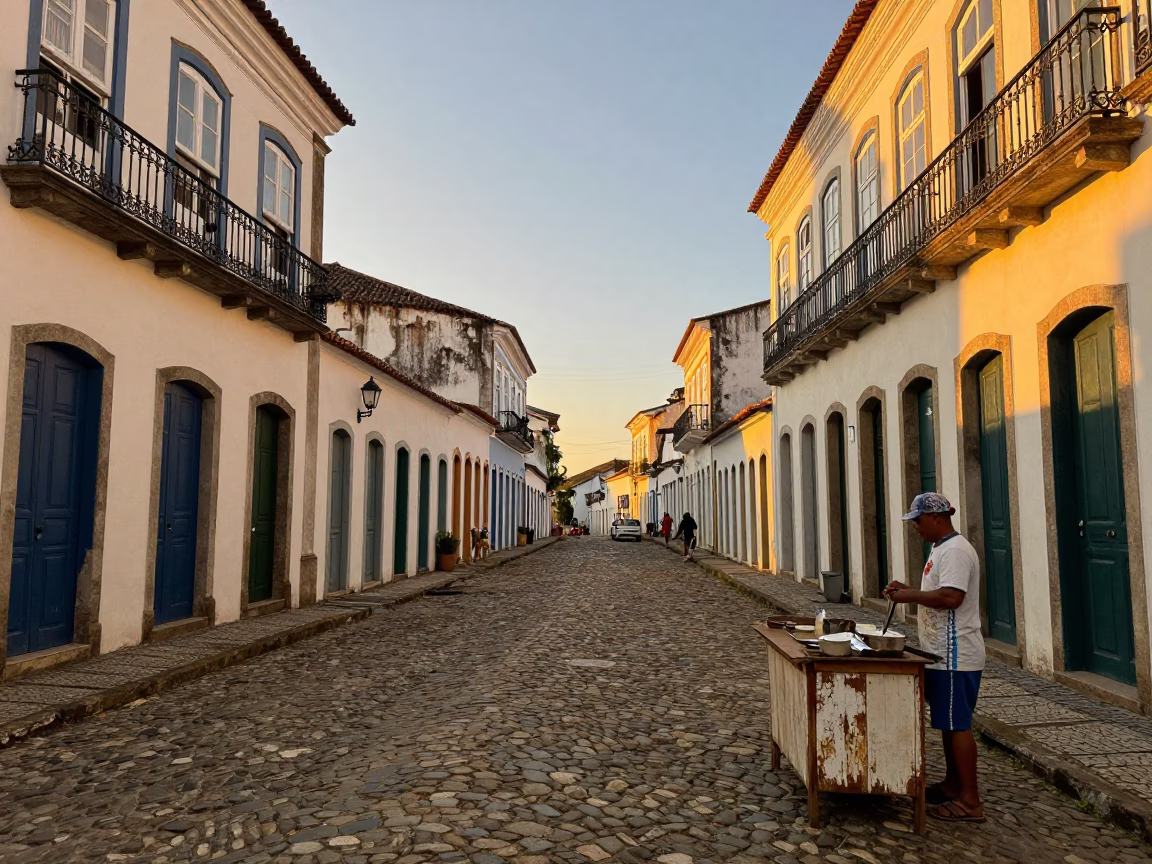 Honeyed Evening Light Over Colonial Facades and Carnival Mask in Salvador Brazil Street Scene in in Salvador, Brazil
