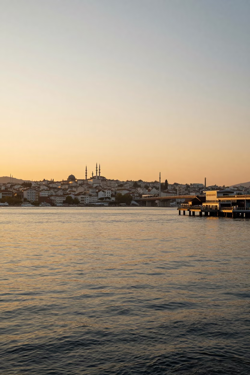 Honeyed Evening Light Over Izmir Bay with Bridge Pier and City Skyline in in Izmir, Turkey