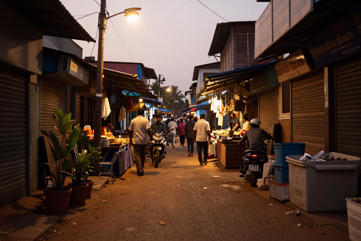 Honeyed Evening Light Over Kochi Street Market with Potted Herbs and Paper Lanterns in in Kochi, India