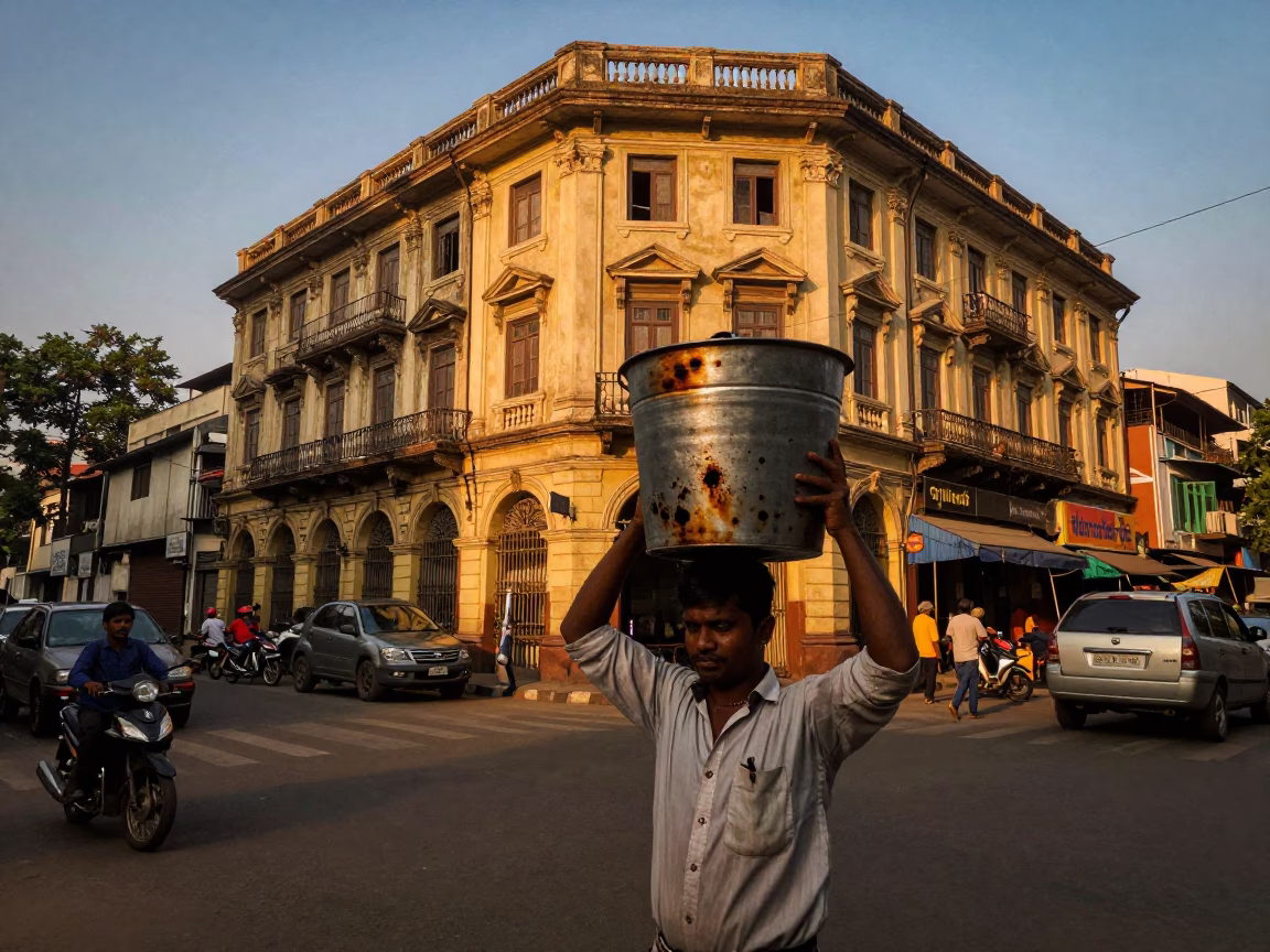 Honeyed Evening Light Over Kolkata Street Scene with Tea Stains and Charcoal Stick in in Kolkata, India