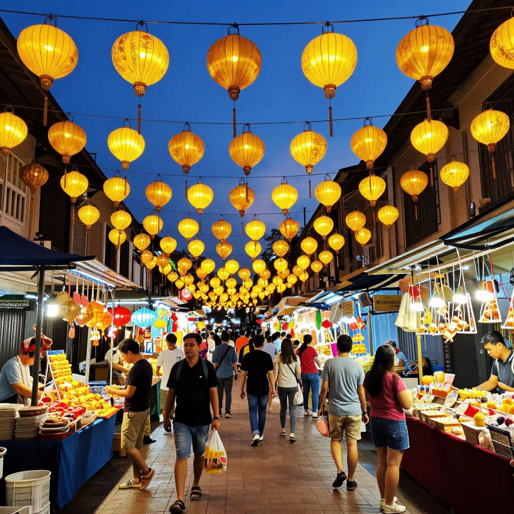 Honeyed Evening Light Over Kuala Lumpur Night Market Lanterns and Street Activity in in Kuala Lumpur, Malaysia