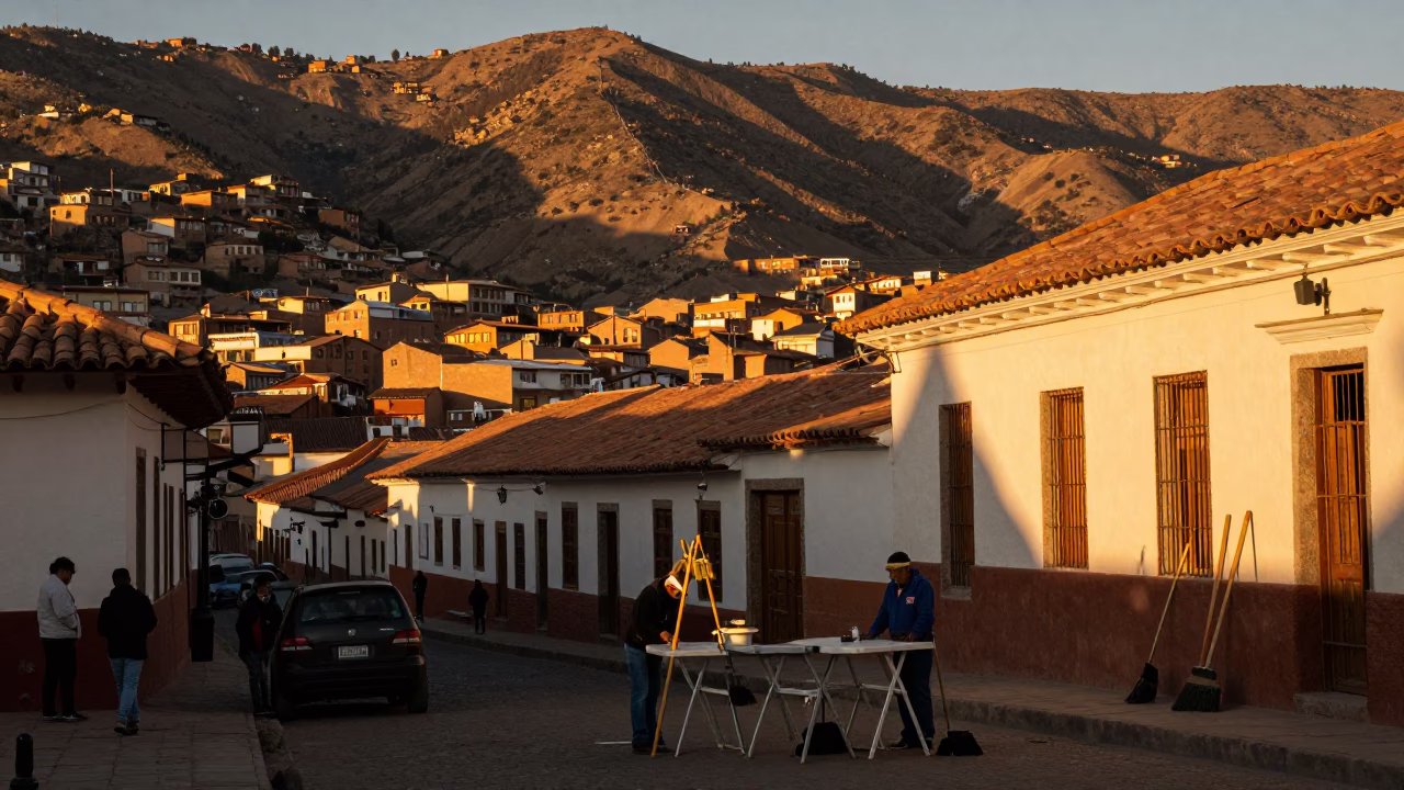 Honeyed Evening Light Over La Paz Bolivia Street Scene with Brooms and Folding Tables in in La Paz, Bolivia
