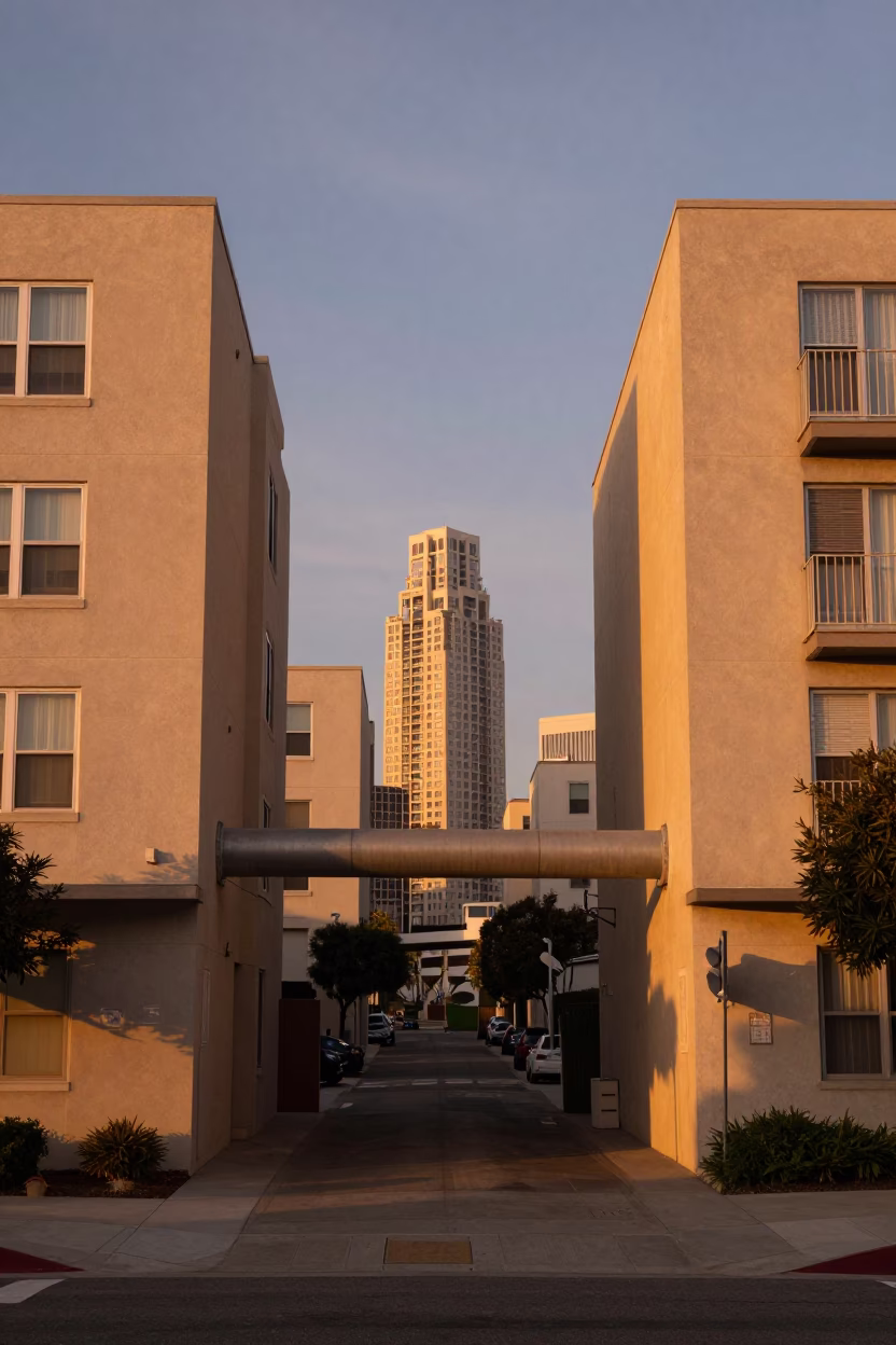 Honeyed Evening Light Over Los Angeles Concrete Apartment Blocks and District Heating Pipes in in Los Angeles, California, United States