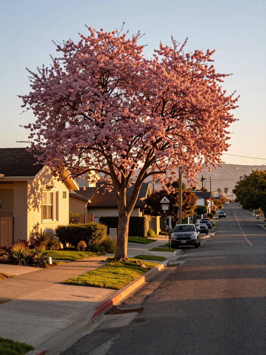 Honeyed Evening Light Over Los Angeles Residential Street with Dogwood Tree and Laundry in in Los Angeles, California, United States