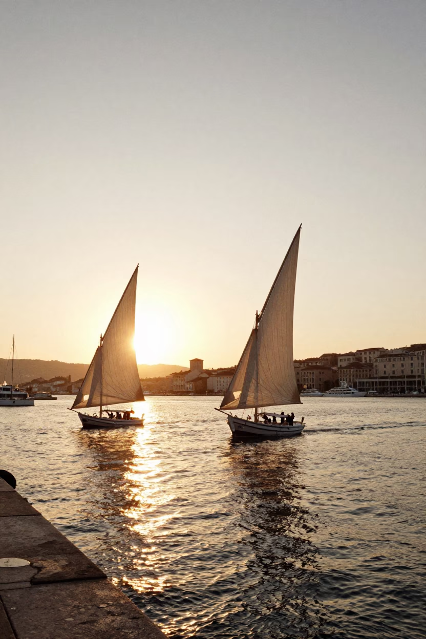 Honeyed Evening Light Over Marseille Old Port with Felucca and Lateen Sail in in Marseille, France