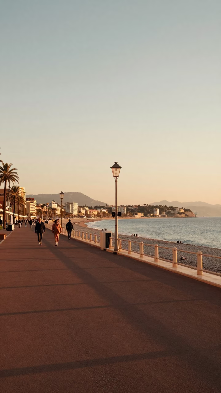 Honeyed Evening Light Over Nice France Promenade des Anglais Sea and Architecture in in Nice, France