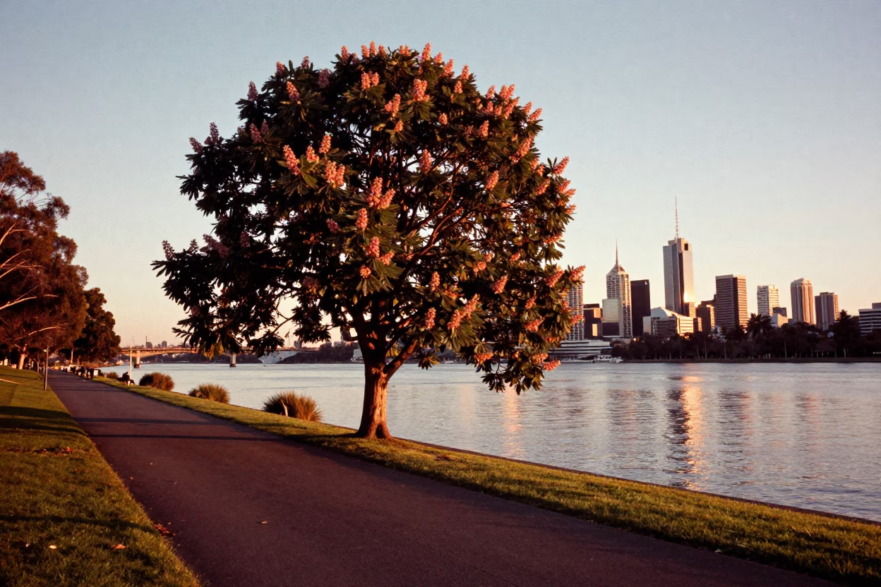 Honeyed Evening Light Over Perth Riverfront with Chestnut Tree and Spiky Husks in in Perth, Western Australia, Australia