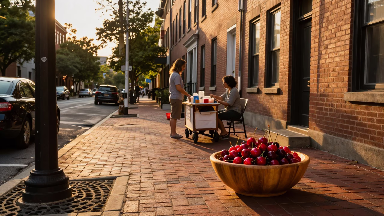 Honeyed Evening Light Over Philadelphia Street Scene with Charcoal and Cherries in in Philadelphia, Pennsylvania, United States