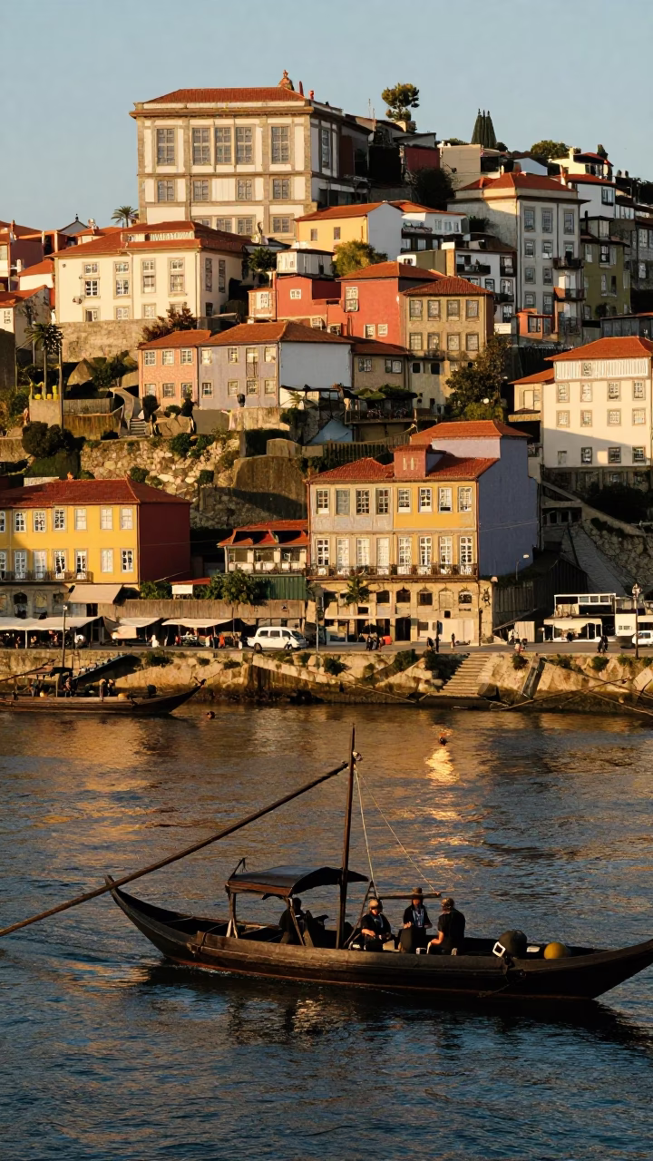 Honeyed Evening Light Over Porto Portugal Riverfront and Historic Architecture in in Porto, Portugal