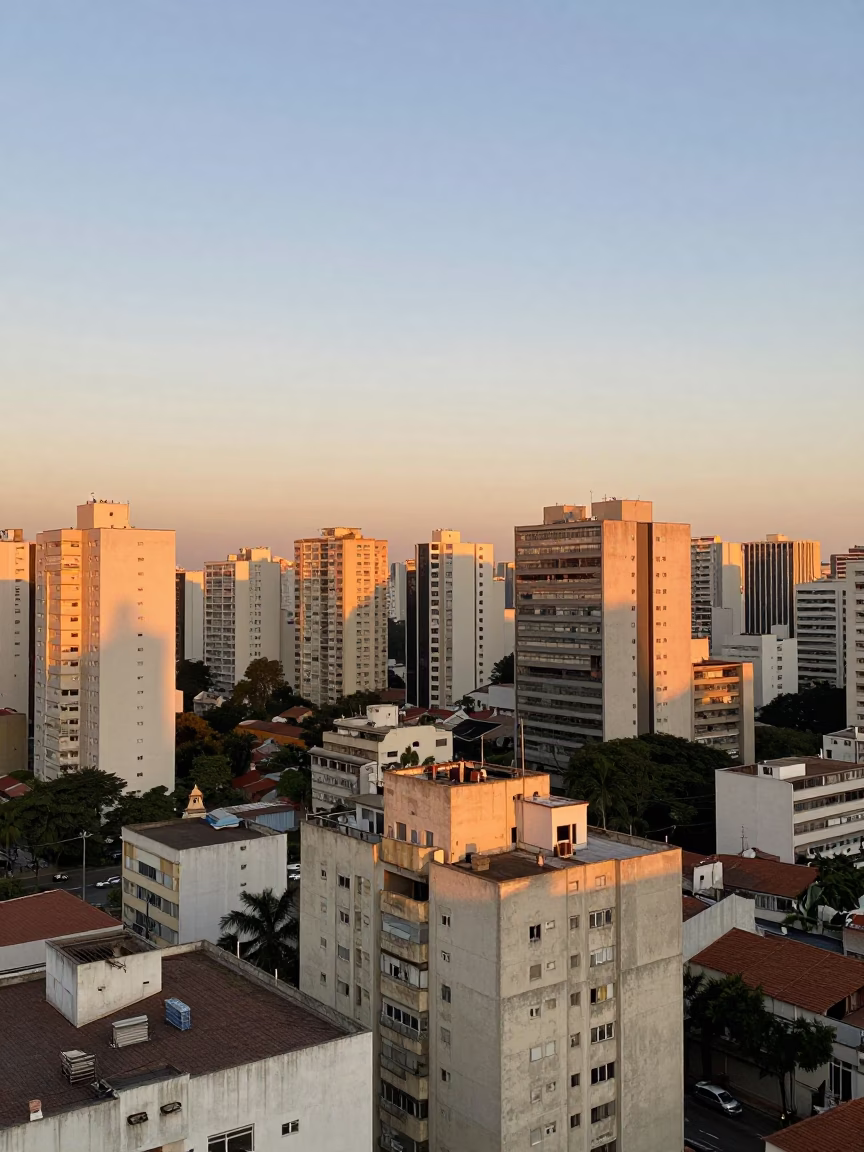 Honeyed Evening Light Over São Paulo Rooftops and Concrete Cooling Canal with Reeds in in São Paulo, Brazil