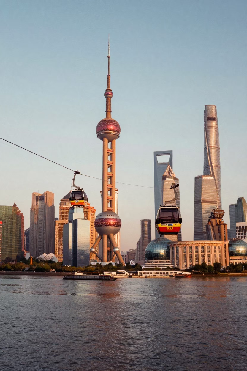 Honeyed Evening Light Over Shanghai Skyline with Cable Car and Suspension Bridge in in Shanghai, China