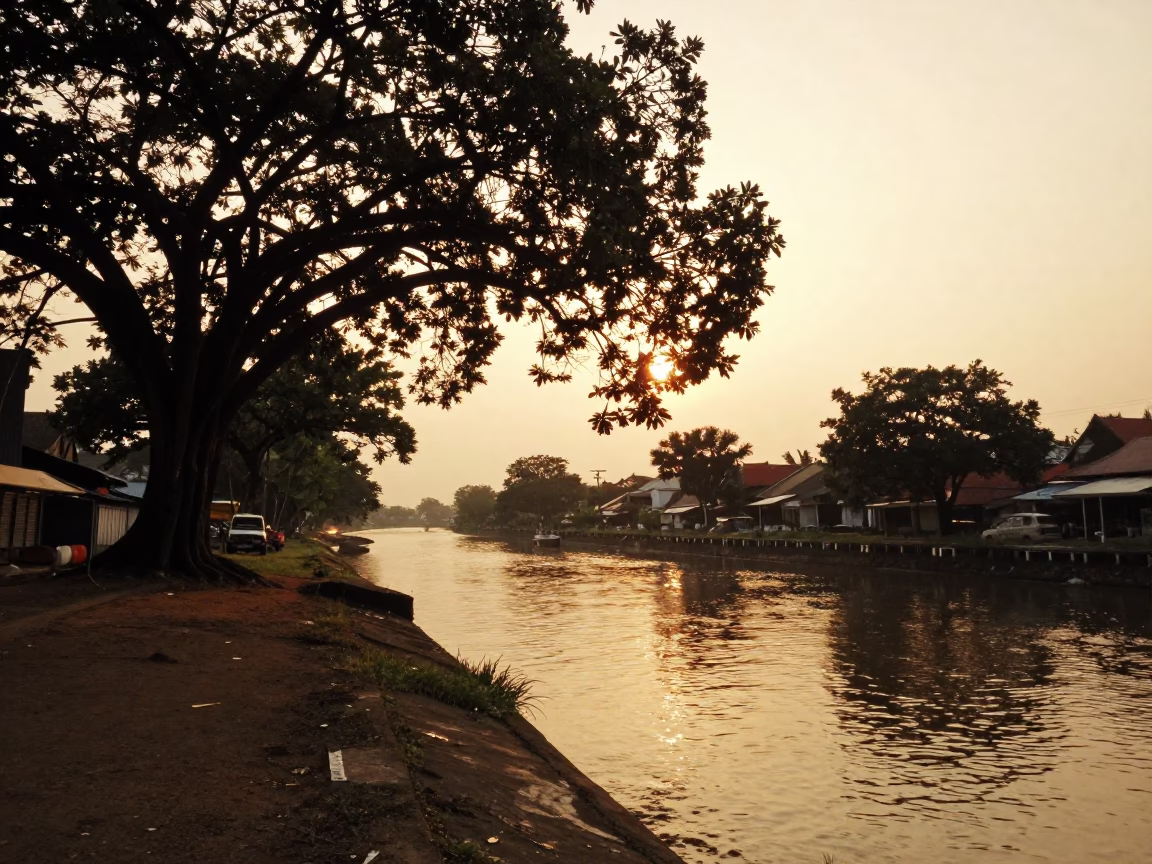 Honeyed Evening Light Over Surabaya Canal and Banyan Tree Roots in in Surabaya, Indonesia