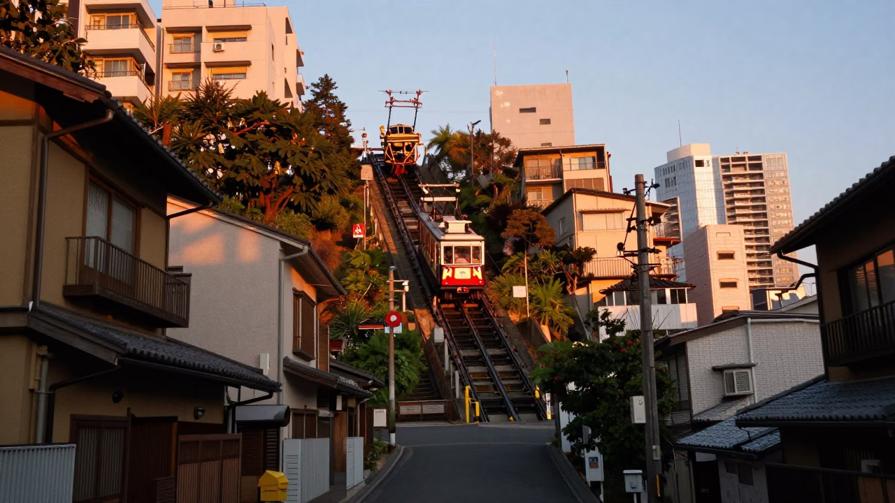 Honeyed Evening Light Over Tokyo Hillside Funicular and Urban Street Scene in in Tokyo, Japan