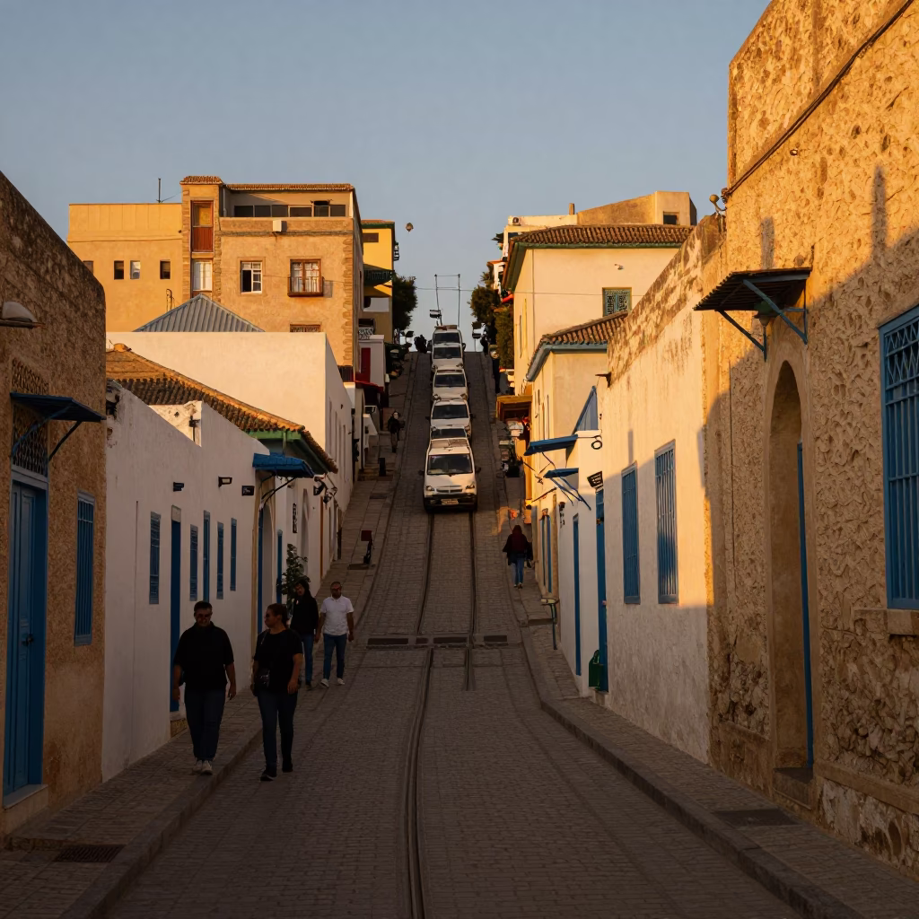 Honeyed Evening Light Over Tunis Medina Street with Funicular Climbing Steep Hill in in Tunis, Tunisia