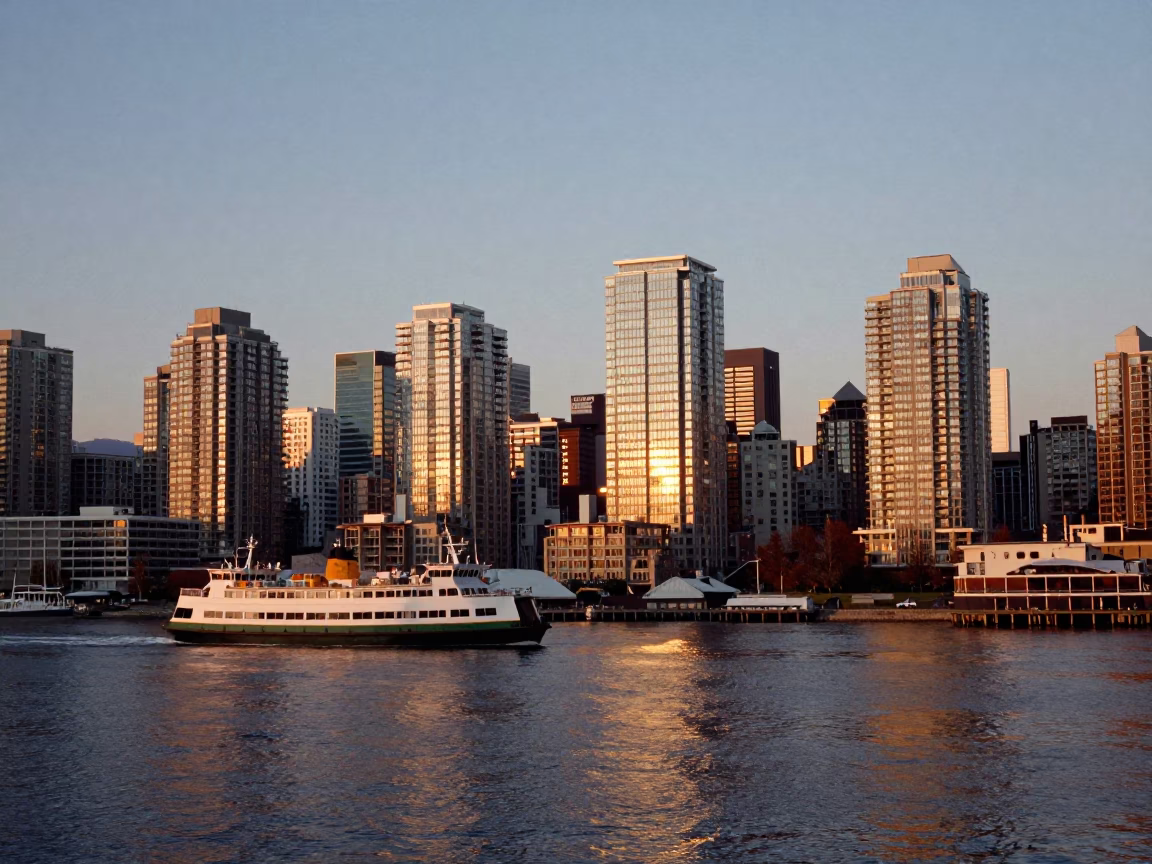 Honeyed Evening Light Over Vancouver Harbour With Ferry And Waterfront Cityscape in in Vancouver, British Columbia, Canada