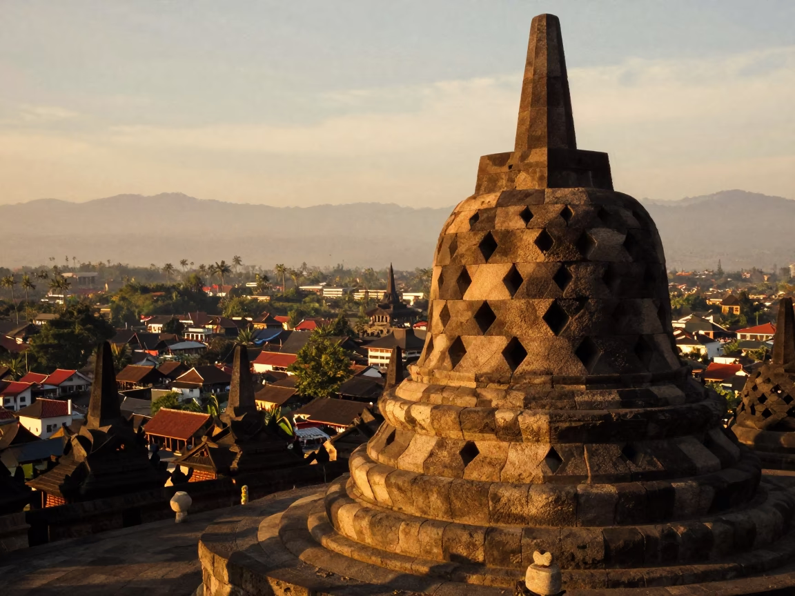Honeyed Evening Light Over Yogyakarta Stone Observatory Hilltop with Local Street Activity in in Yogyakarta, Indonesia