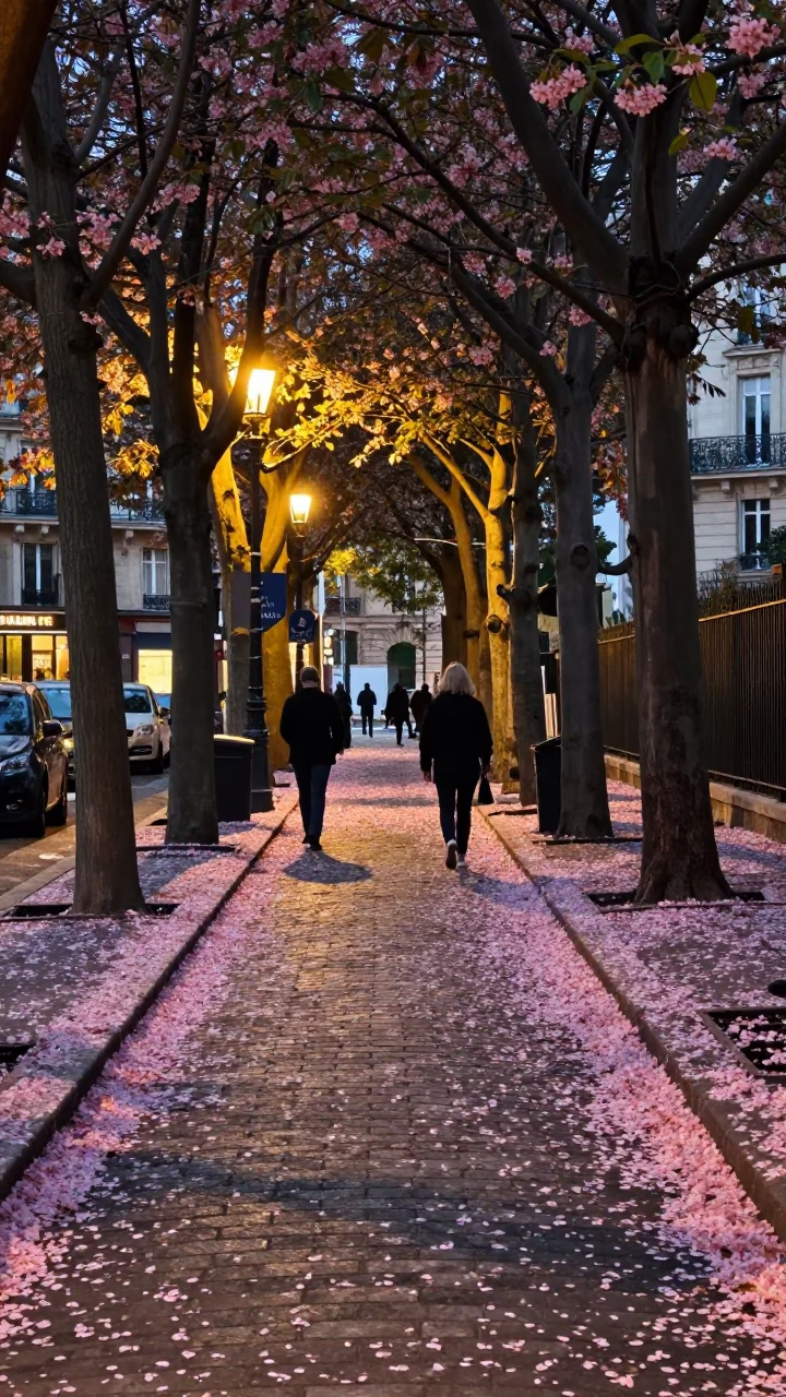 Honeyed Evening Light Paris Street Scene with Fallen Petals and Classic Elements in in Paris, France