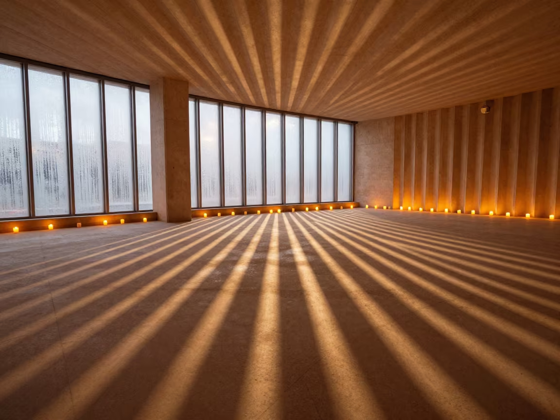 Honeyed Evening Light Patterns on Pool Floor in inside a ribbed concrete lobby near Ajaccio