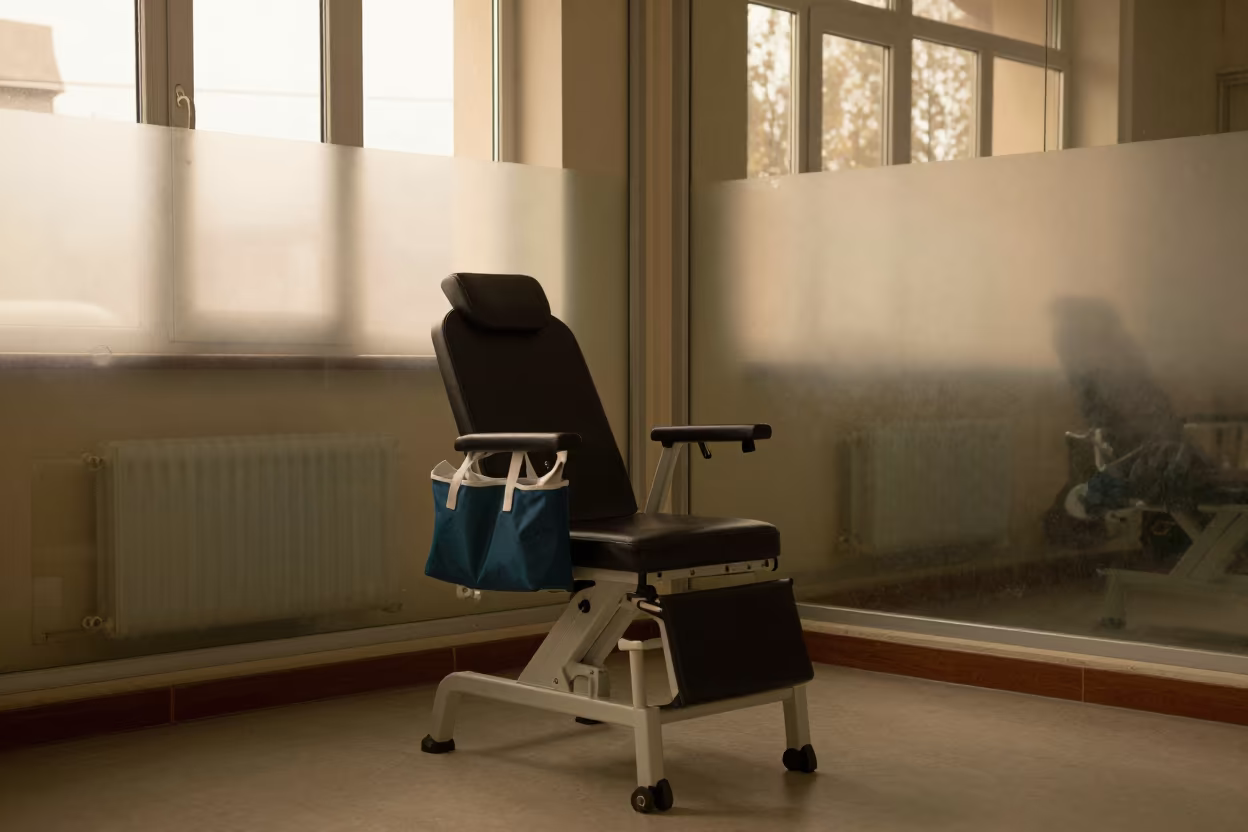 Honeyed Evening Light in Pul-e Khomri Rehab Chair in inside a rehabilitation gym in Pul-e Khomri