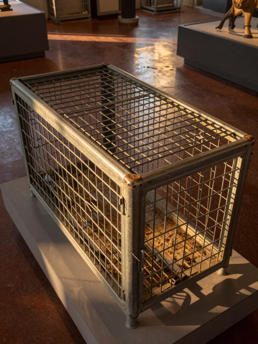 Honeyed Evening Light on Rescue Crate Rack in on a museum plinth in Annecy
