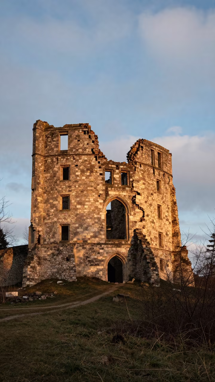 Honeyed Evening Light in Ruined Castle Keep Chorzów in inside a skylit passageway in Chorzów