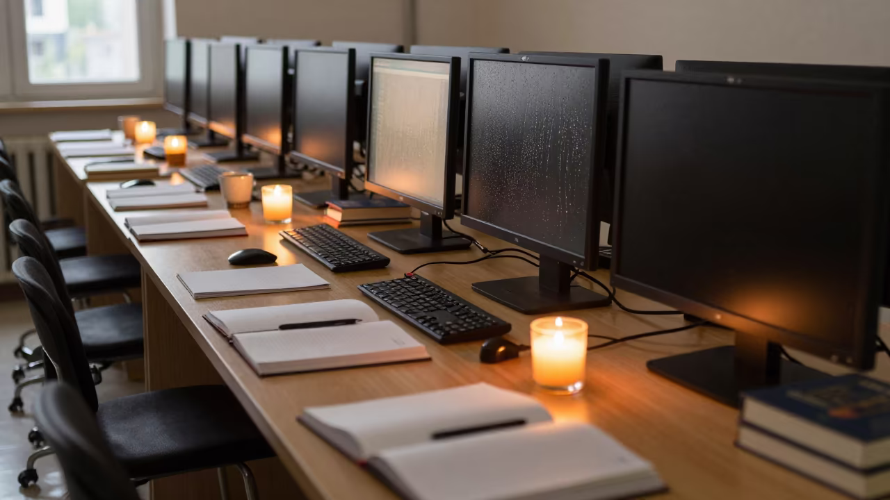 Honeyed Evening Light on Seminar Table in in a computer lab before lessons near Aleppo