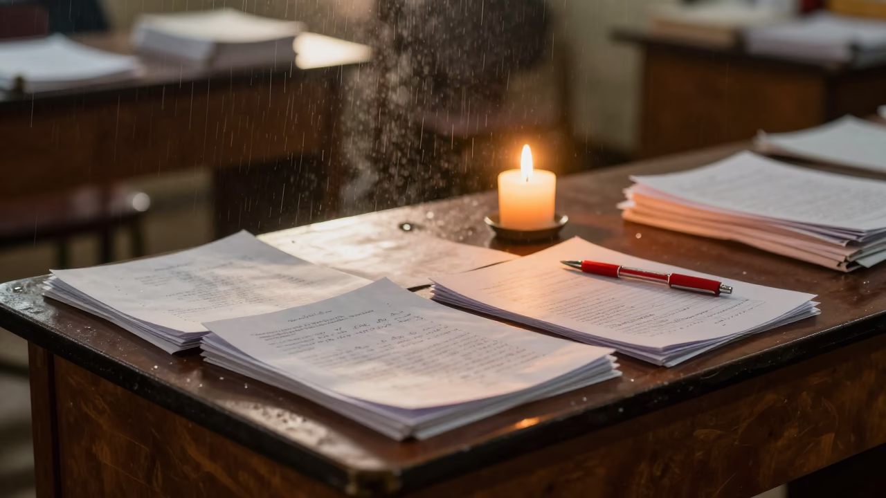 Honeyed Evening Light on Teacher Desk Essays in in a school laboratory in Maradi