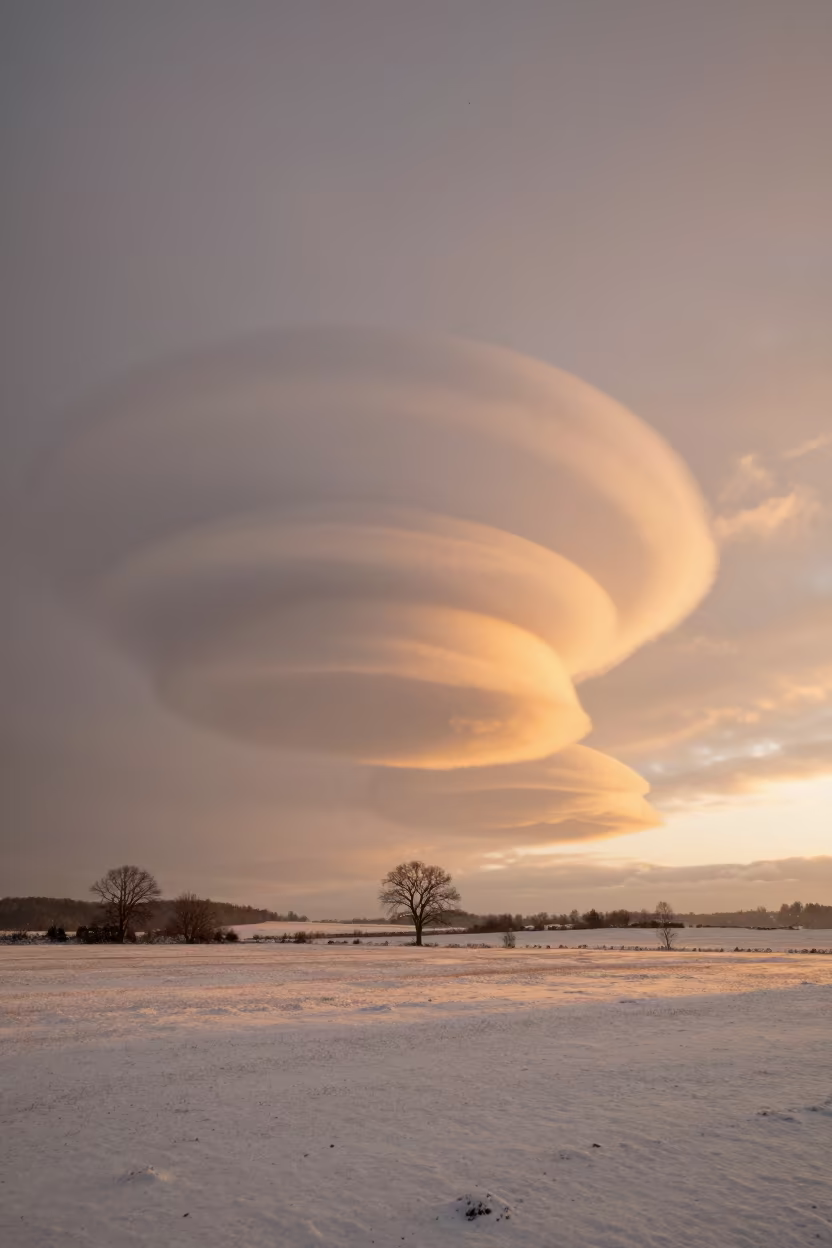 Honeyed Evening Mammatus Clouds Over Brittany Snow in across a storm-bright plain in Brittany