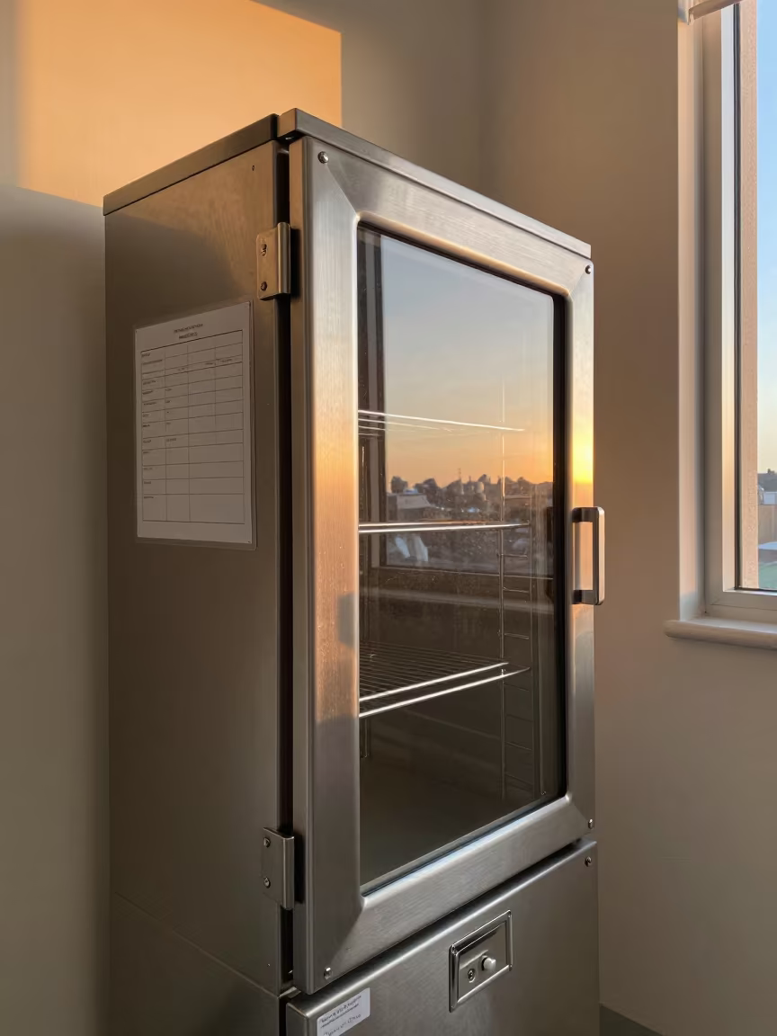Honeyed Evening Light on Medical Gown Cabinet in inside an imaging suite in Sydney