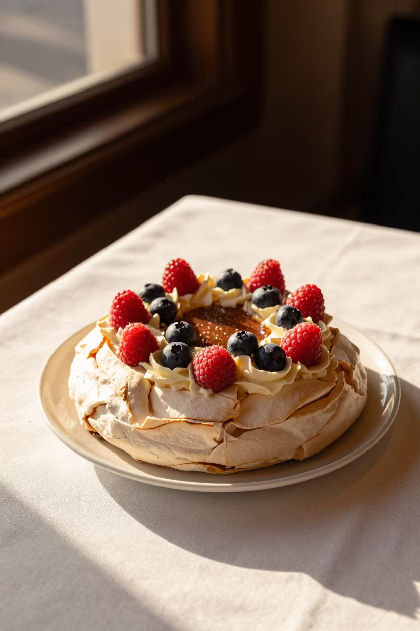 Honeyed Evening Pavlova with Fresh Berries in on a linen-covered restaurant table in Sydney