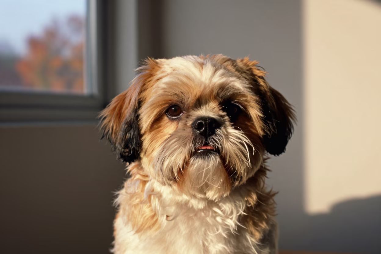 Honeyed Evening Portrait of a Shih Tzu in in a quiet portrait studio with a plain backdrop and eye-level framing in Chicago