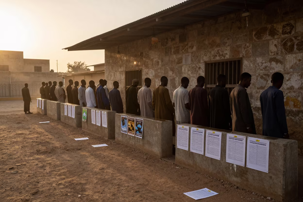Honeyed Evening Queue Outside Sanaa Polling Station in outside a polling station entrance near Sanaa
